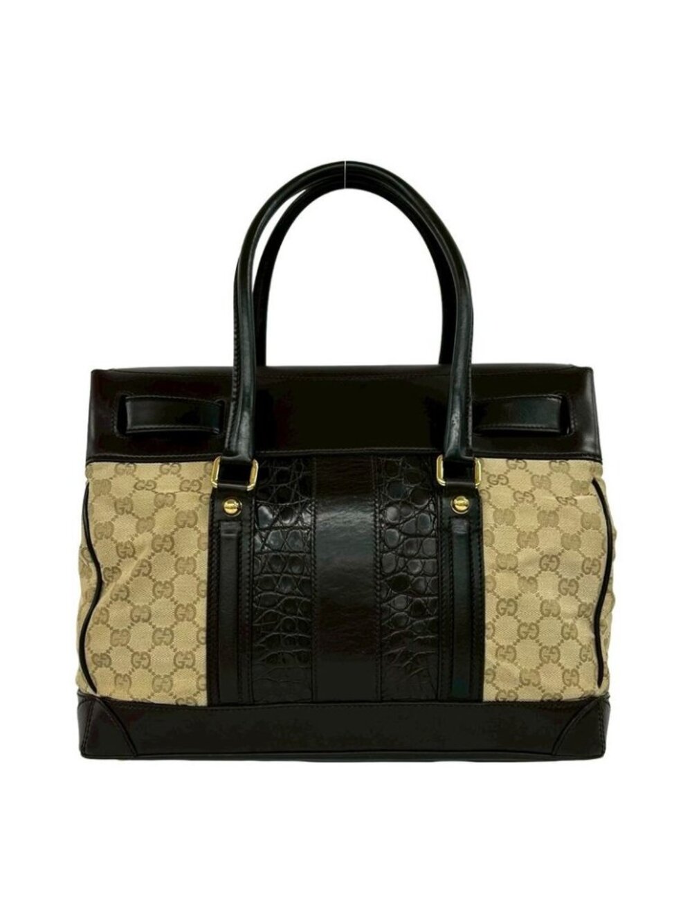 Gucci GG Canvas Croco Embossed Leather Tote Boston Bag Beige Brown - Picture 3 of 10
